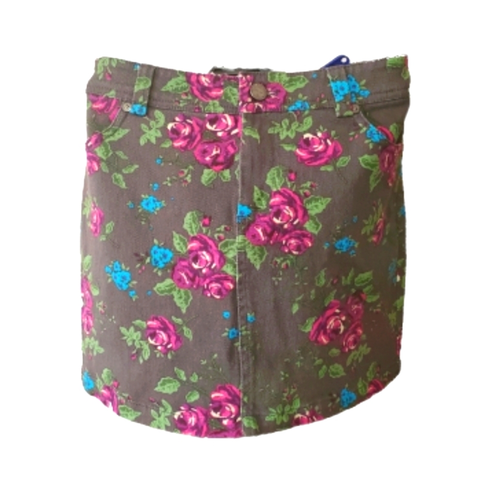 I LOVE H81 Charcoal Gray Denim Jean Skirt Big Pink & Blue Roses Size Medium